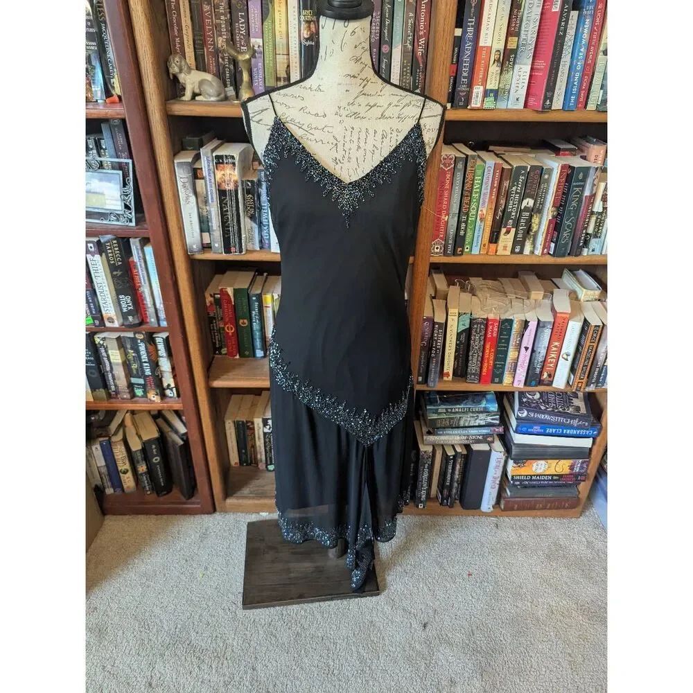 J Kara Women's Black Hand-Beaded Chiffon Evening Dress Formal Elegant 12 Y2K VTG